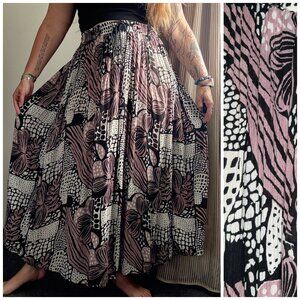 Vintage 90s Polka Dot Printed Broomstick Skirt Floral Op Art Elastic Waist L/XL